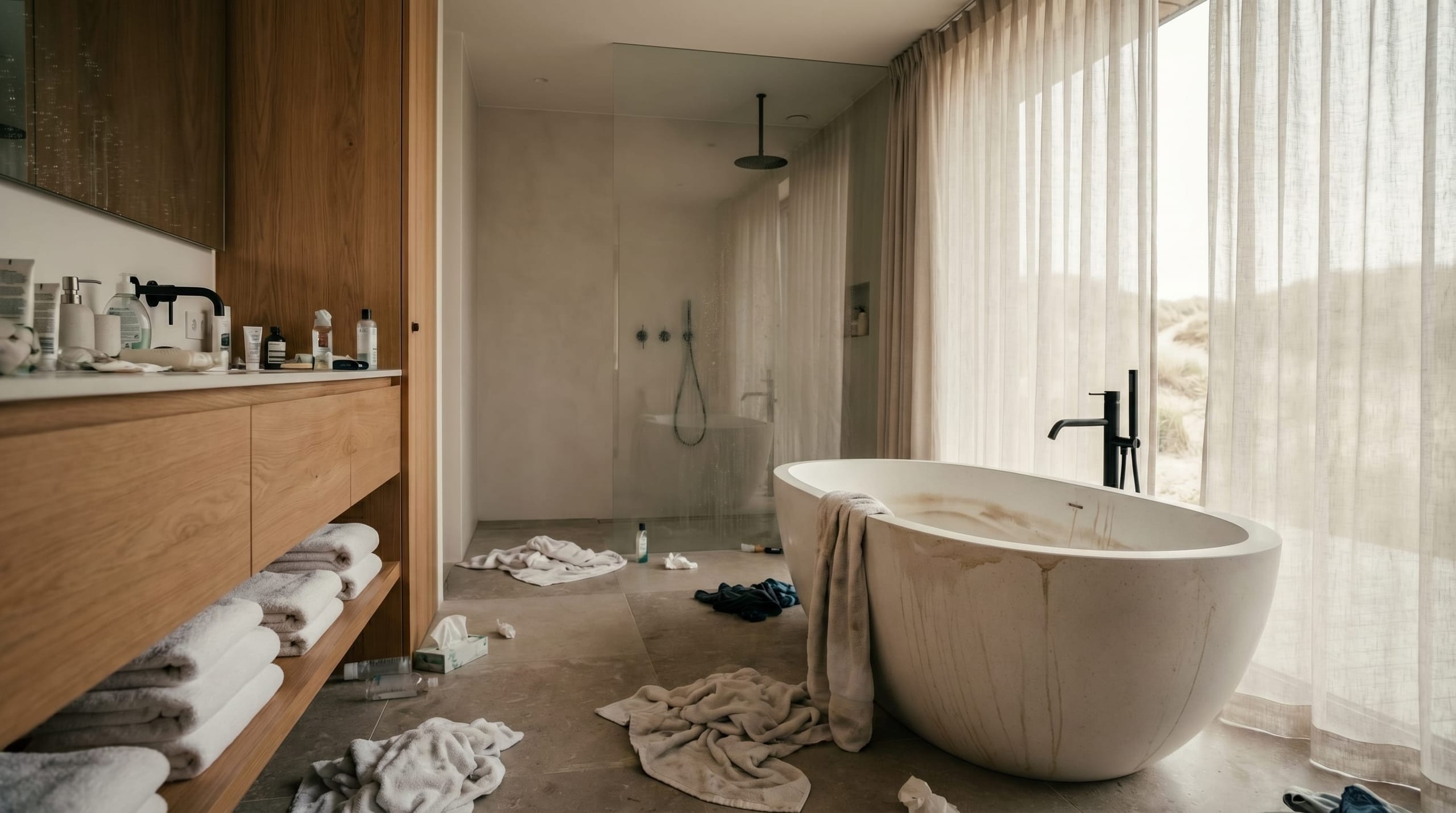 Hotelbadkamer door AQWA gastklaar gemaakt tussen twee gasten — voor AQWA
