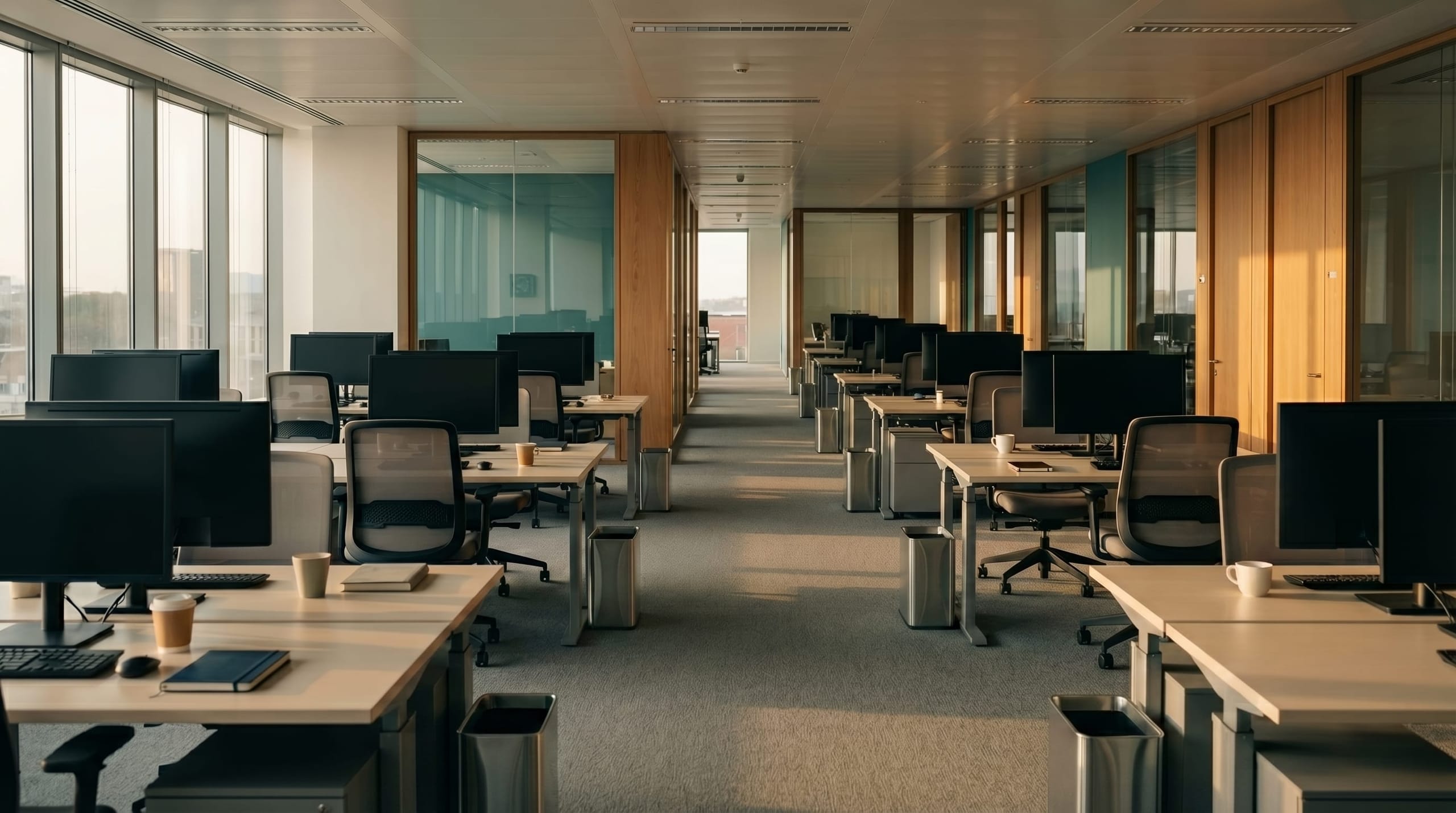 Modern kantoor door AQWA voor de werkdag klaargemaakt, onberispelijke werkplekken — na AQWA